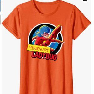 NWT Orange Ladies XL Miraculous Ladybug Shirt Jumpin' Cartoon Fun Mom Cat Noir